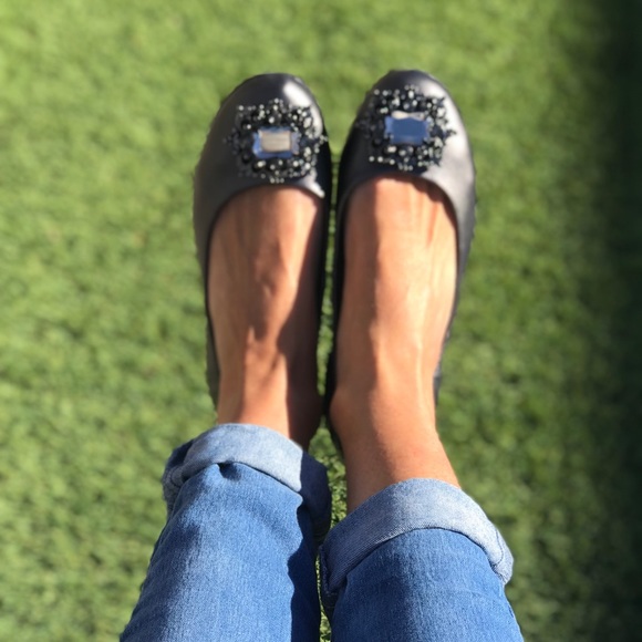 Metallic Pewter Embellished Buckle Ballet Flats - Picture 3 of 5